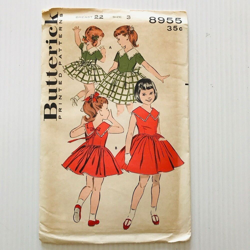 Vintage 1960's Butterick Sewing Pattern 8955 Girls Dress Full Ruffle Skirt Sz 3